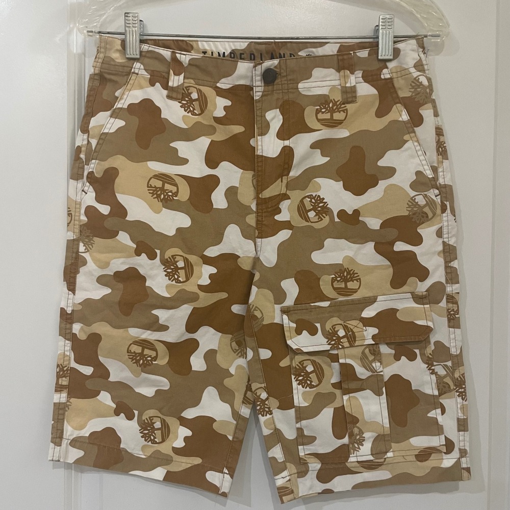 Timberland Camo Cargo Shorts Boys Size 16 Tan Brown White Logo Casual